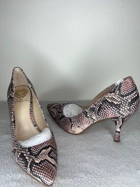 Vince Camuto Pink Snake-Print Pointed Toe Pumps with Black & Cream Accents